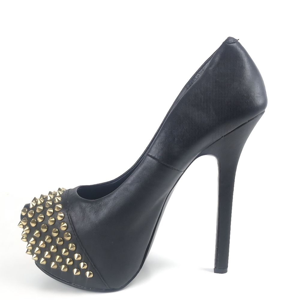 Steve Madden Bold Black Heel Stilleto  Gold Spiked Pump Size 8
